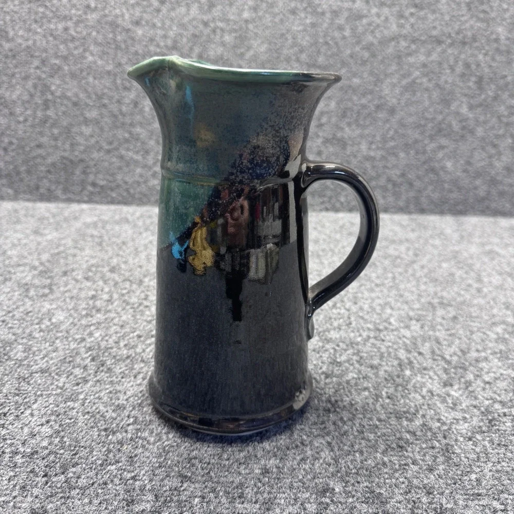Studio Pottery Pitcher Handmade OS Black Green Drip Glaze Rustic Artisan Boho